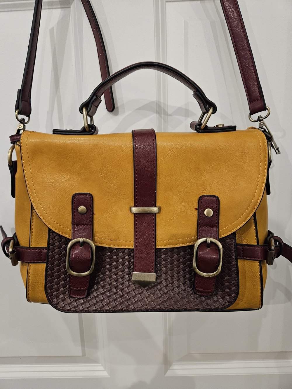 Modcloth Mustard and Burgundy Woven Accent Satchel Purse